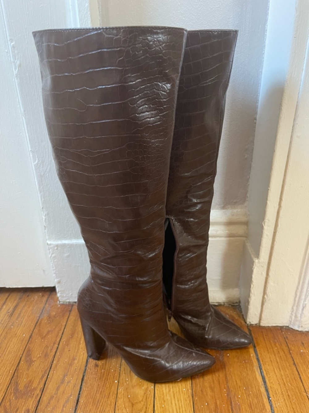 Fashion Nova Brown Croc-Embossed Knee-High Pointed Toe Boots
